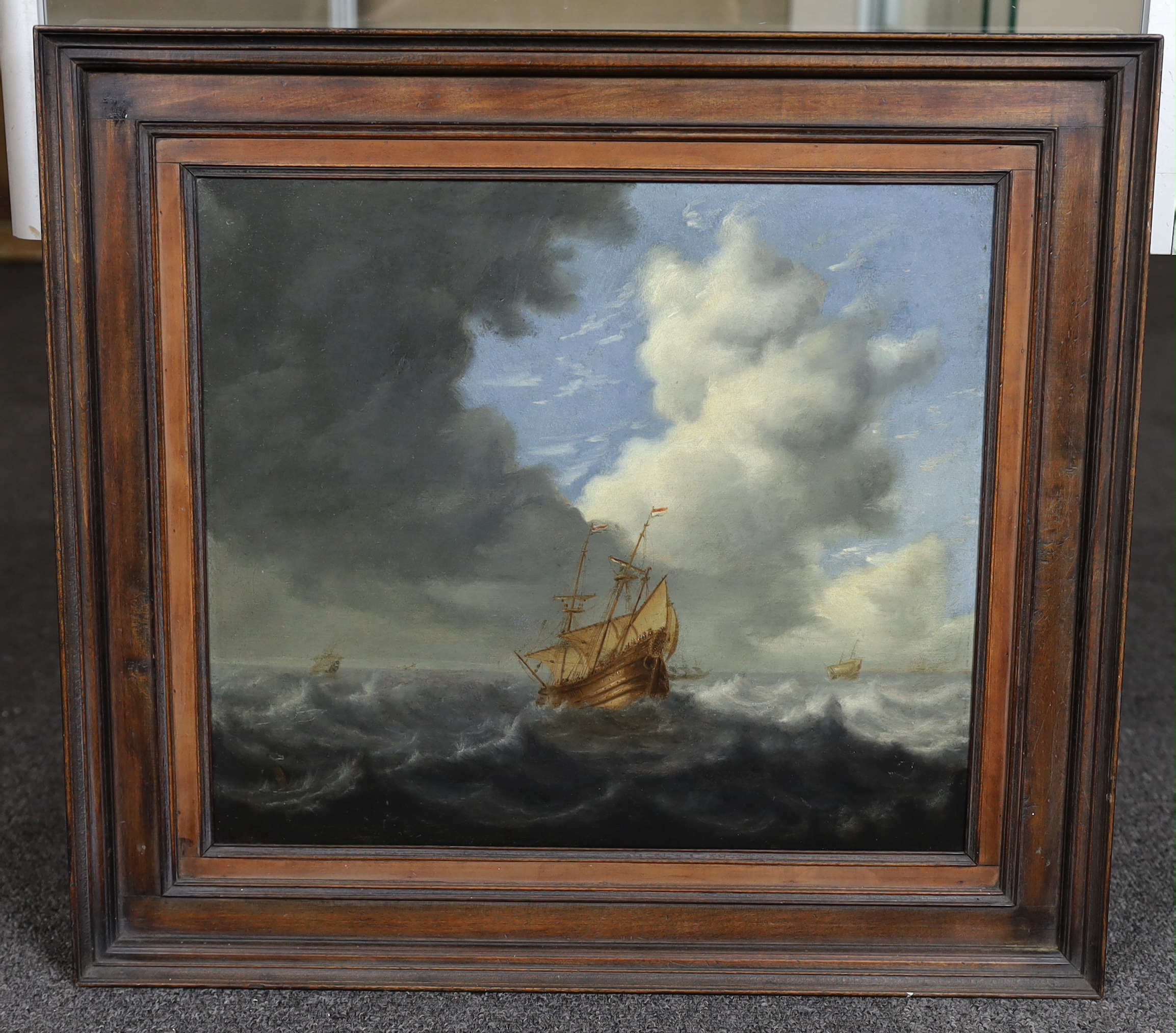 17th century Dutch School, Shipping in a choppy sea, oil on panel, 34 x 38.5cm, Please note this lot attracts an additional import tax of 5% on the hammer price